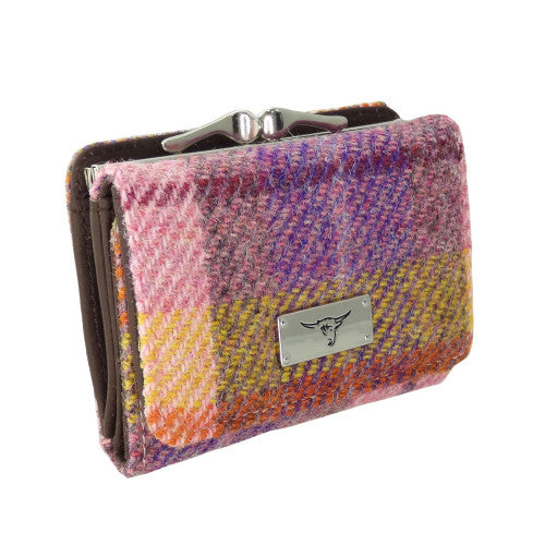 Glen Appin Harris Tweed Ladies Unst Small Clasp Purse Peach Purple Tartan