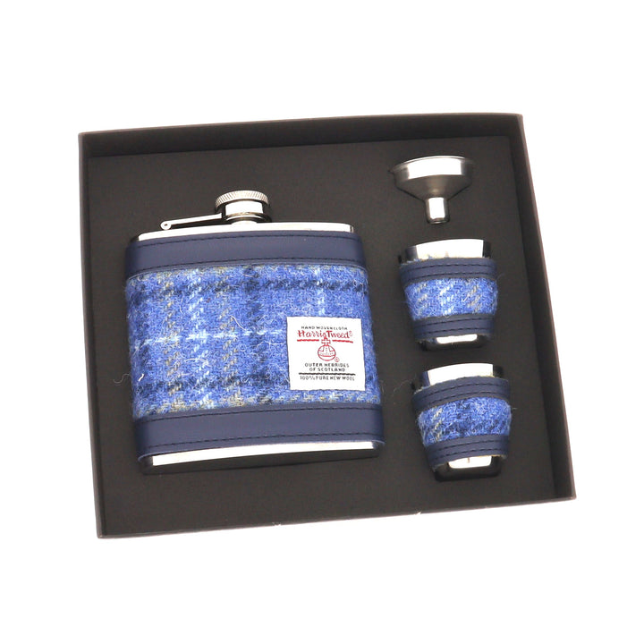 Glen Appin Harris Tweed Hip Flask & Cups Gift Set - Light Blue Check