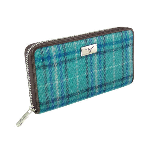 Glen Appin Harris Tweed Ladies Staffa Large Zip Purse Teal & Blue Check