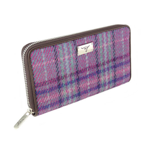 Glen Appin Harris Tweed Ladies Staffa Large Zip Purse Purple & Mint Check
