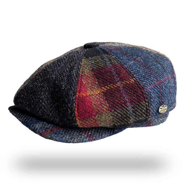 Bullantic patchwork tweed newsboy cap, side view with B badge