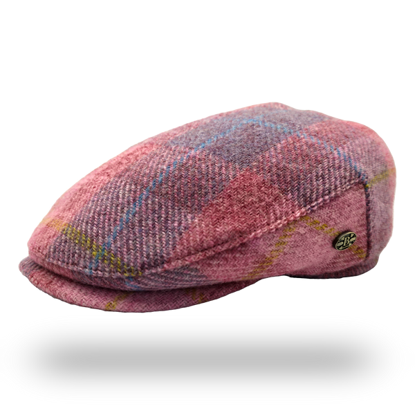 Machair Pink Tartan Harris Tweed Flat Cap, side view with Bullantic badge
