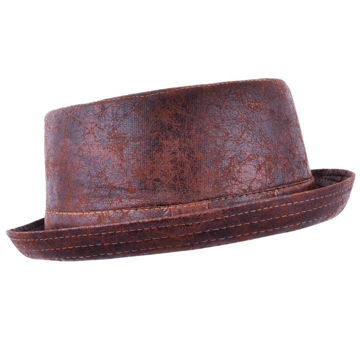 Maz Cracked Leather Distressed Vintage Pork Pie Hat, Brown
