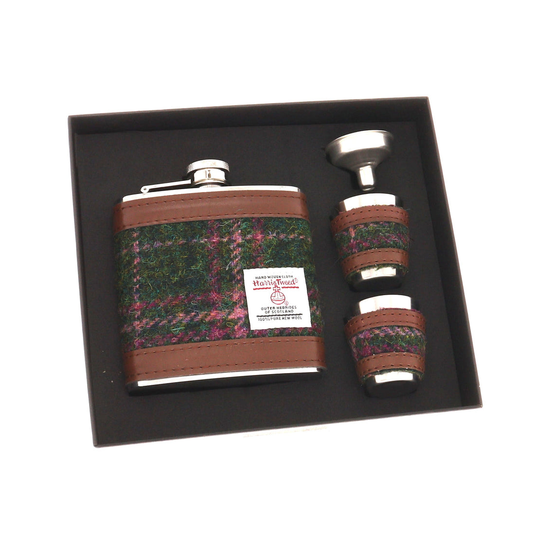 Glen Appin Harris Tweed Hip Flask & Cups Gift Set - Green Plum Check