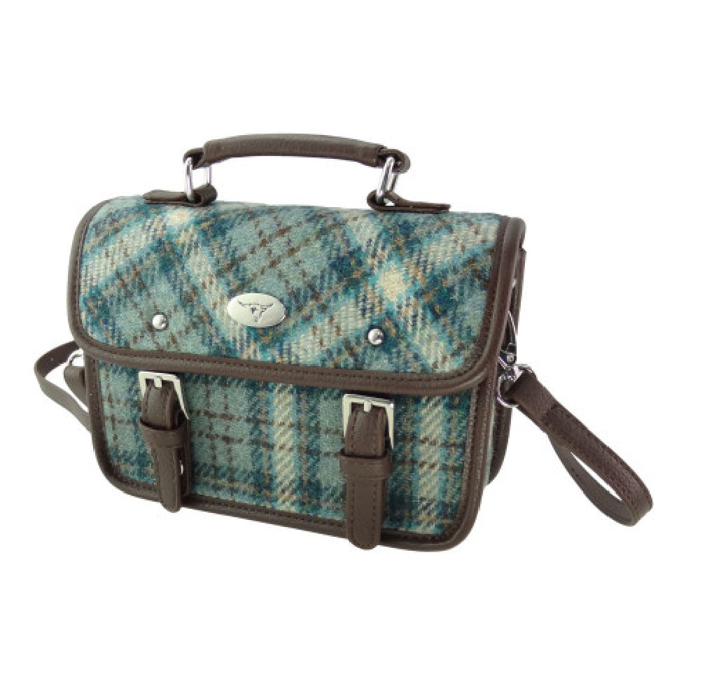 Glen Appin Harris Tweed Bervie Mini Satchel Bag Duck Egg & Cream Check