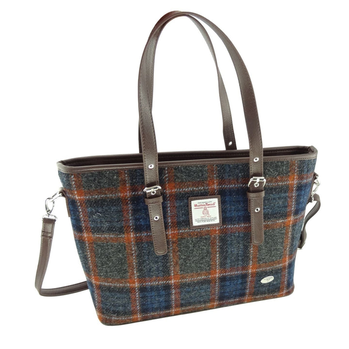 Glen Appin Harris Tweed Classic Spey Tote Handbag Grey Rust Over Check