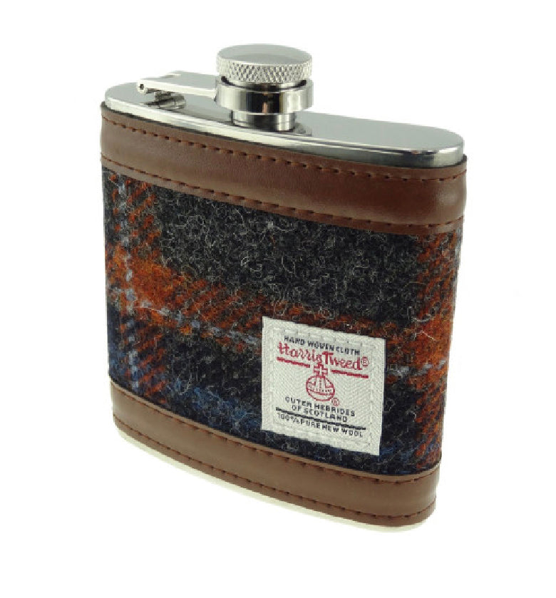 Glen Appin Harris Tweed Hip Flask - Grey With Rust Overcheck