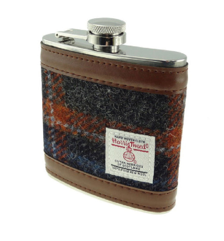 Glen Appin Harris Tweed Hip Flask - Grey With Rust Overcheck