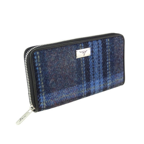 Glen Appin Harris Tweed Ladies Staffa Large Zip Purse Blue & Purple Tartan