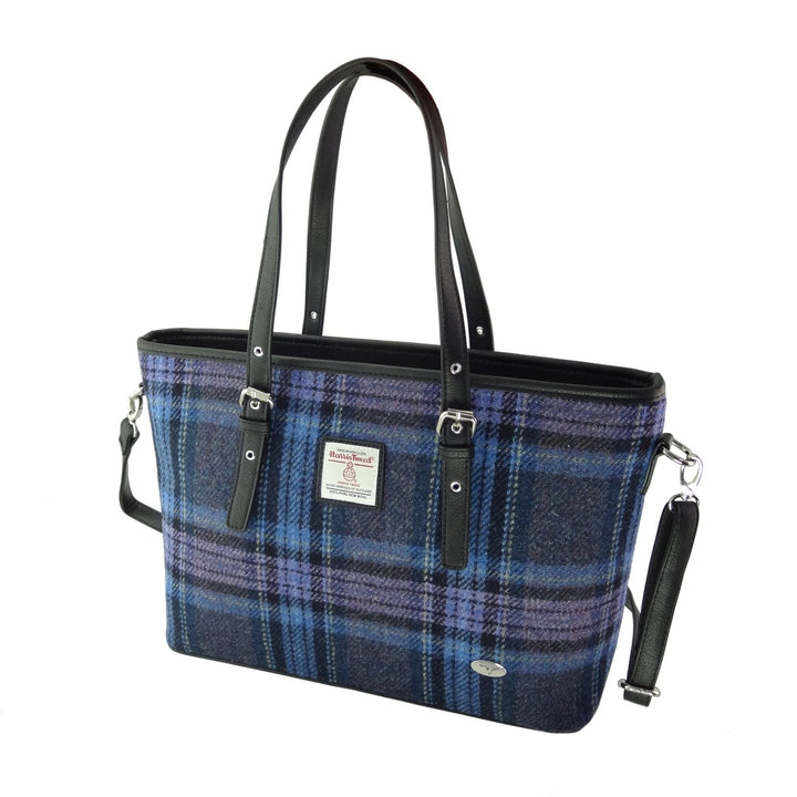Glen Appin Harris Tweed Classic Spey Tote Handbag Blue & Purple Tartan
