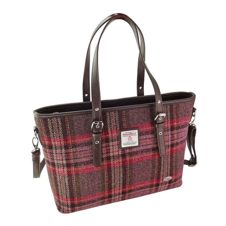 Glen Appin Harris Tweed Classic Spey Tote Handbag Burgundy & Pink Tartan