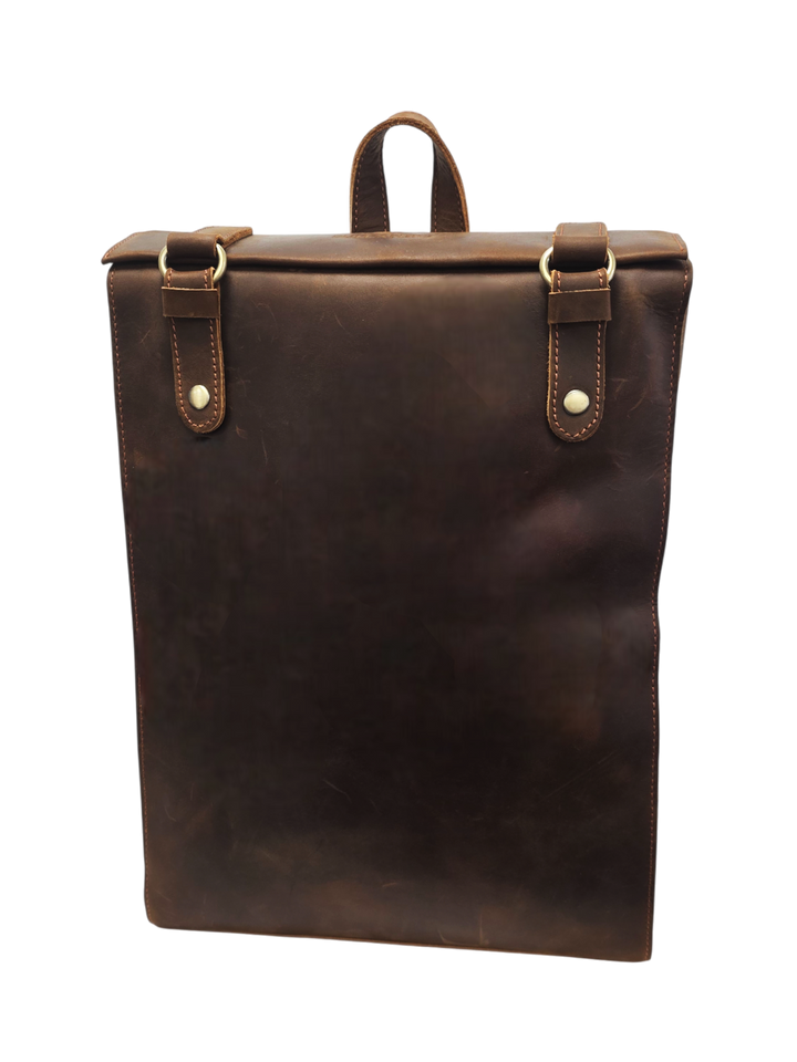 Genuine Leather Cowhide Backpack - Durable 14-inch Travel & Hiking Bag with Zipper, Stylish Stitching, Deep Brown, Perfect for Outdoor and Daily Use | Classic Look