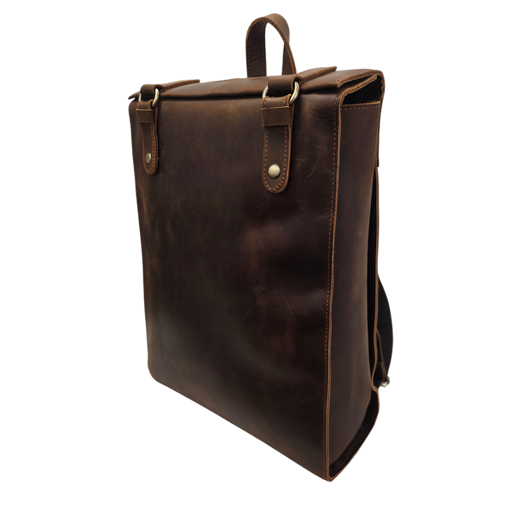 Genuine Leather Cowhide Backpack - Durable 14-inch Travel & Hiking Bag with Zipper, Stylish Stitching, Deep Brown, Perfect for Outdoor and Daily Use | Classic Look