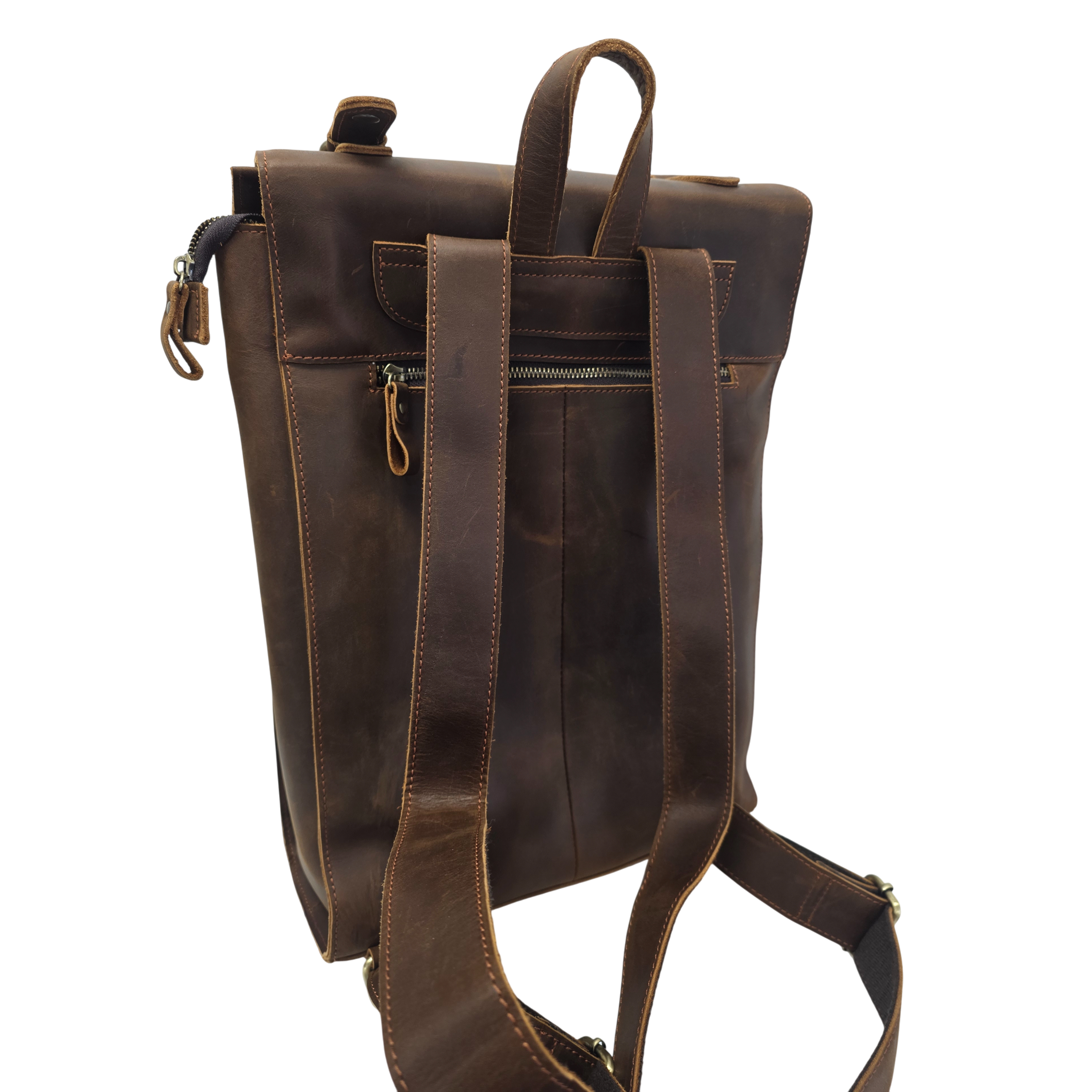 Genuine Leather Cowhide Backpack - Durable 14-inch Travel & Hiking Bag with Zipper, Stylish Stitching, Deep Brown, Perfect for Outdoor and Daily Use | Classic Look