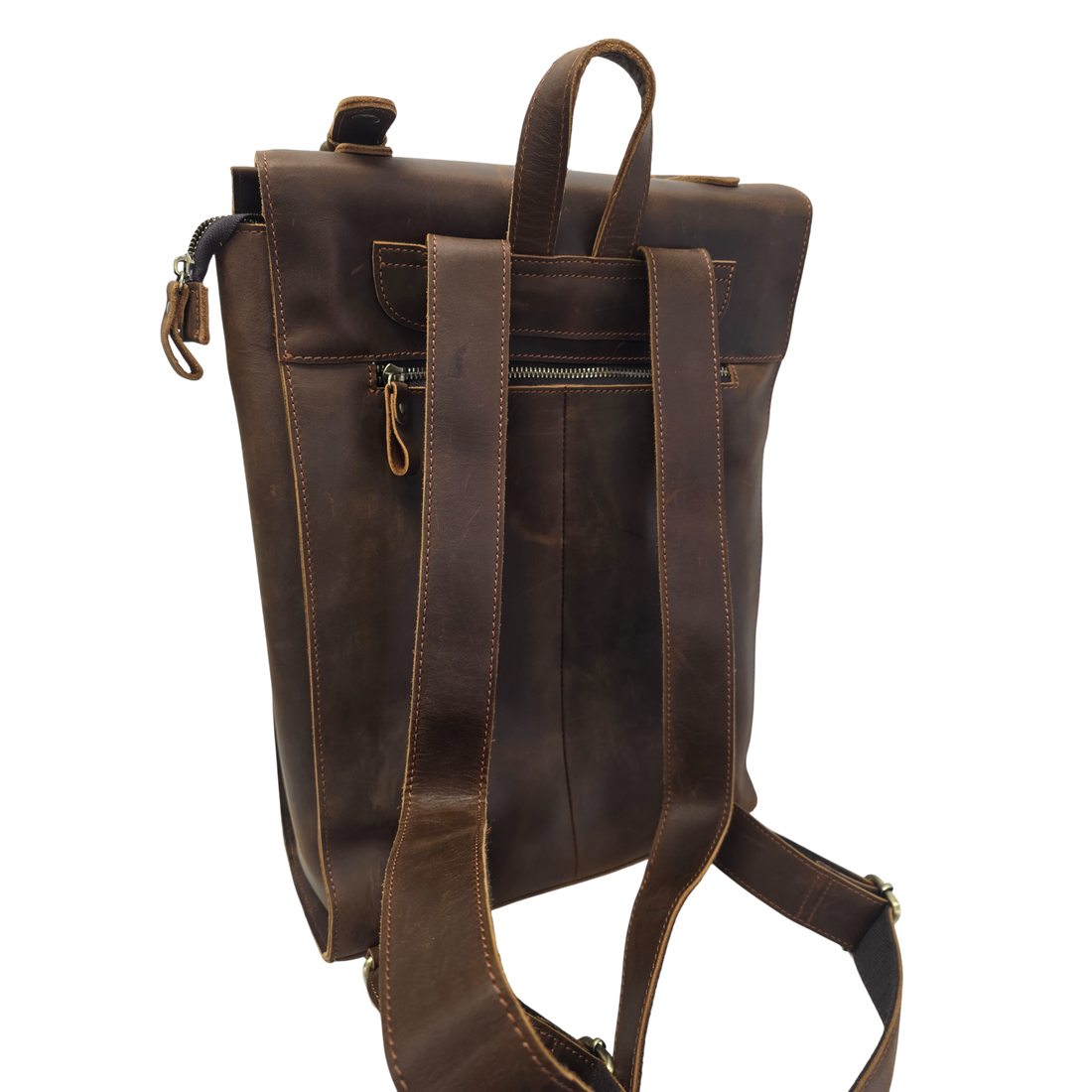 Genuine Leather Cowhide Backpack - Durable 14-inch Travel & Hiking Bag with Zipper, Stylish Stitching, Deep Brown, Perfect for Outdoor and Daily Use | Classic Look