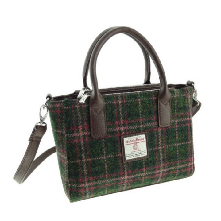 Glen Appin Harris Tweed Brora Tote Handbag Green/Plum Check