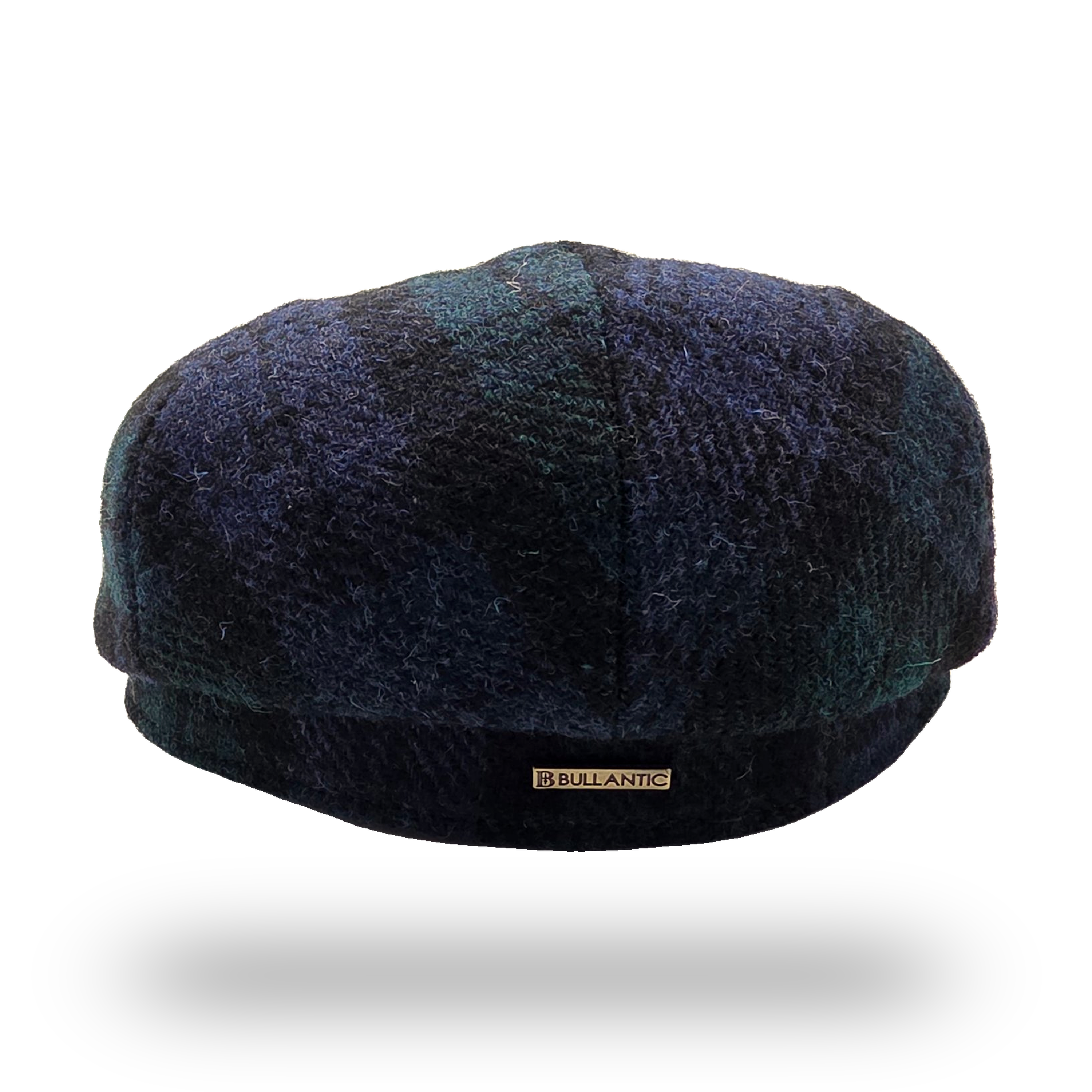 Black Watch Tartan Harris Tweed Flat Cap, back view with Bullantic bar badge