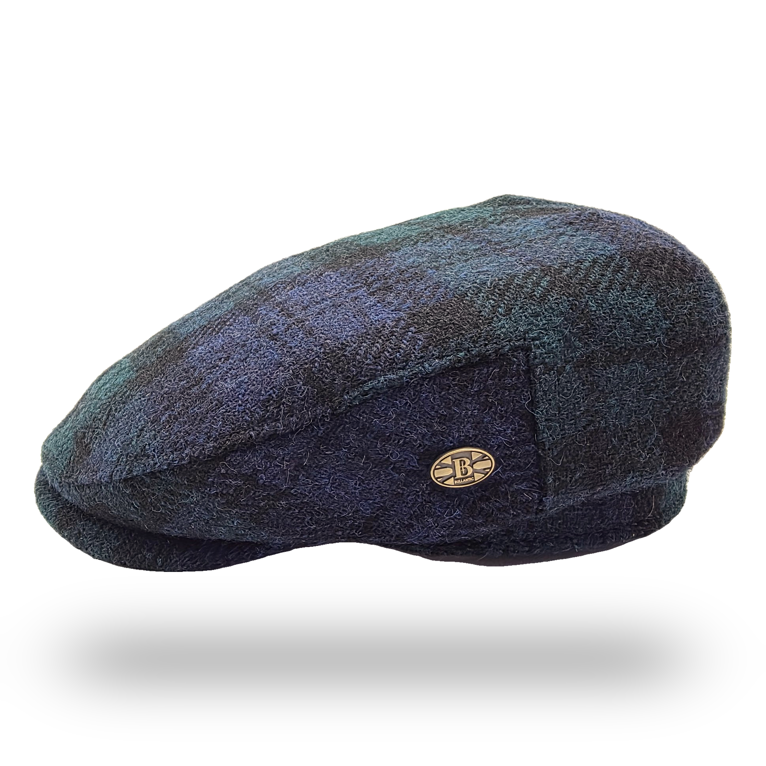 Black Watch Tartan Harris Tweed Flat Cap, side view with Bullantic badge