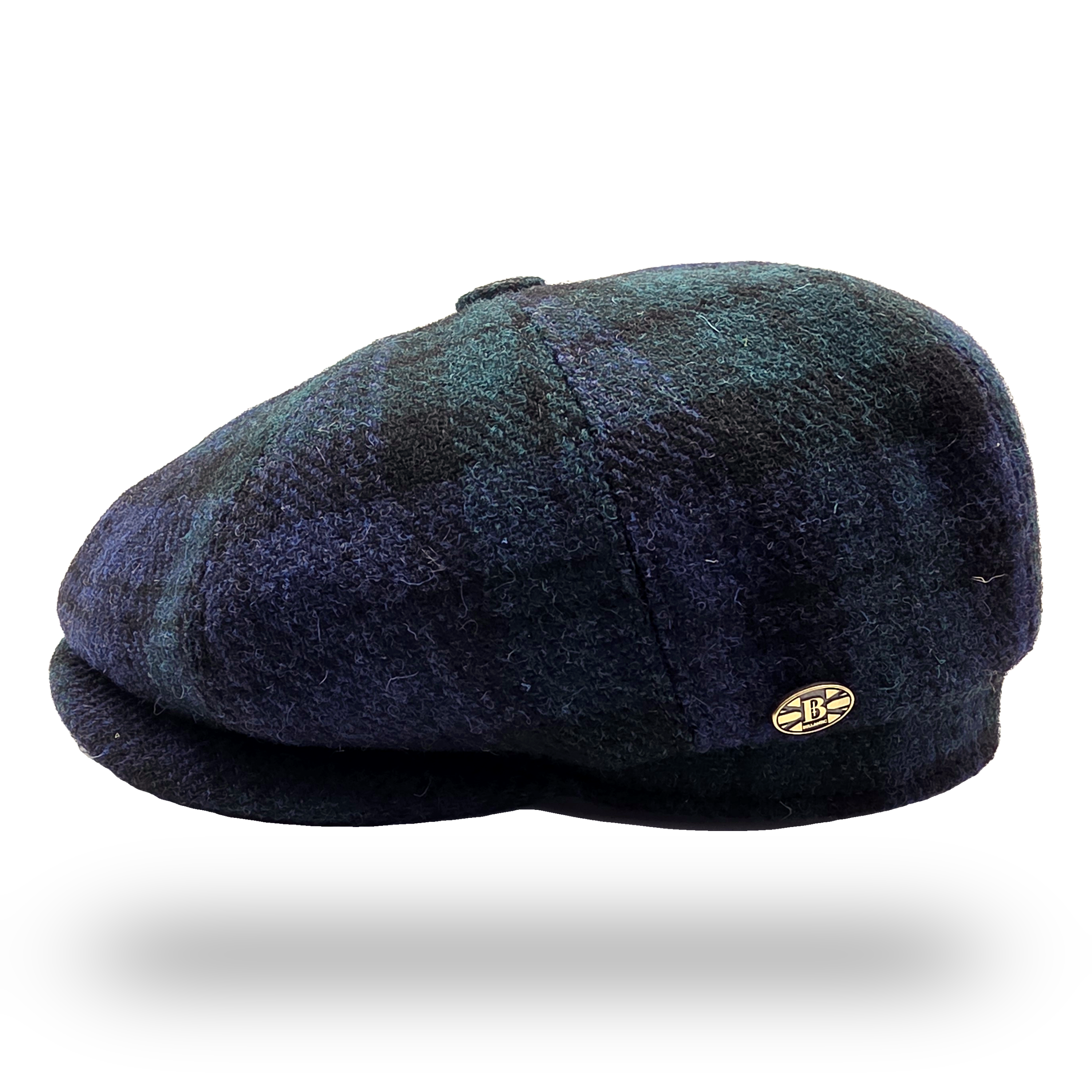 Black Watch Tartan Harris Tweed Newsboy Cap, side view