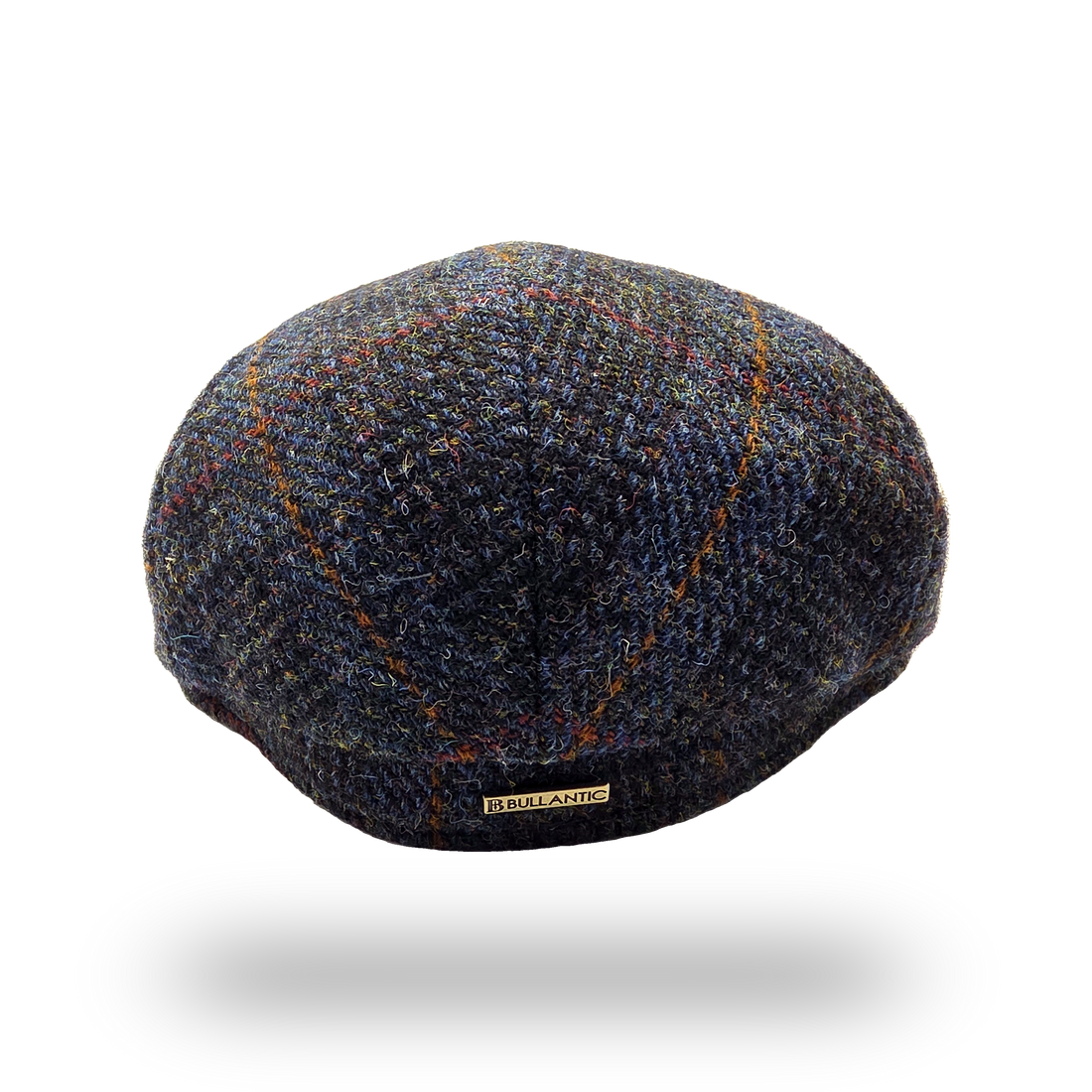Eriskay Blue Overcheck Harris Tweed Flat Cap, back view with Bullantic bar badge