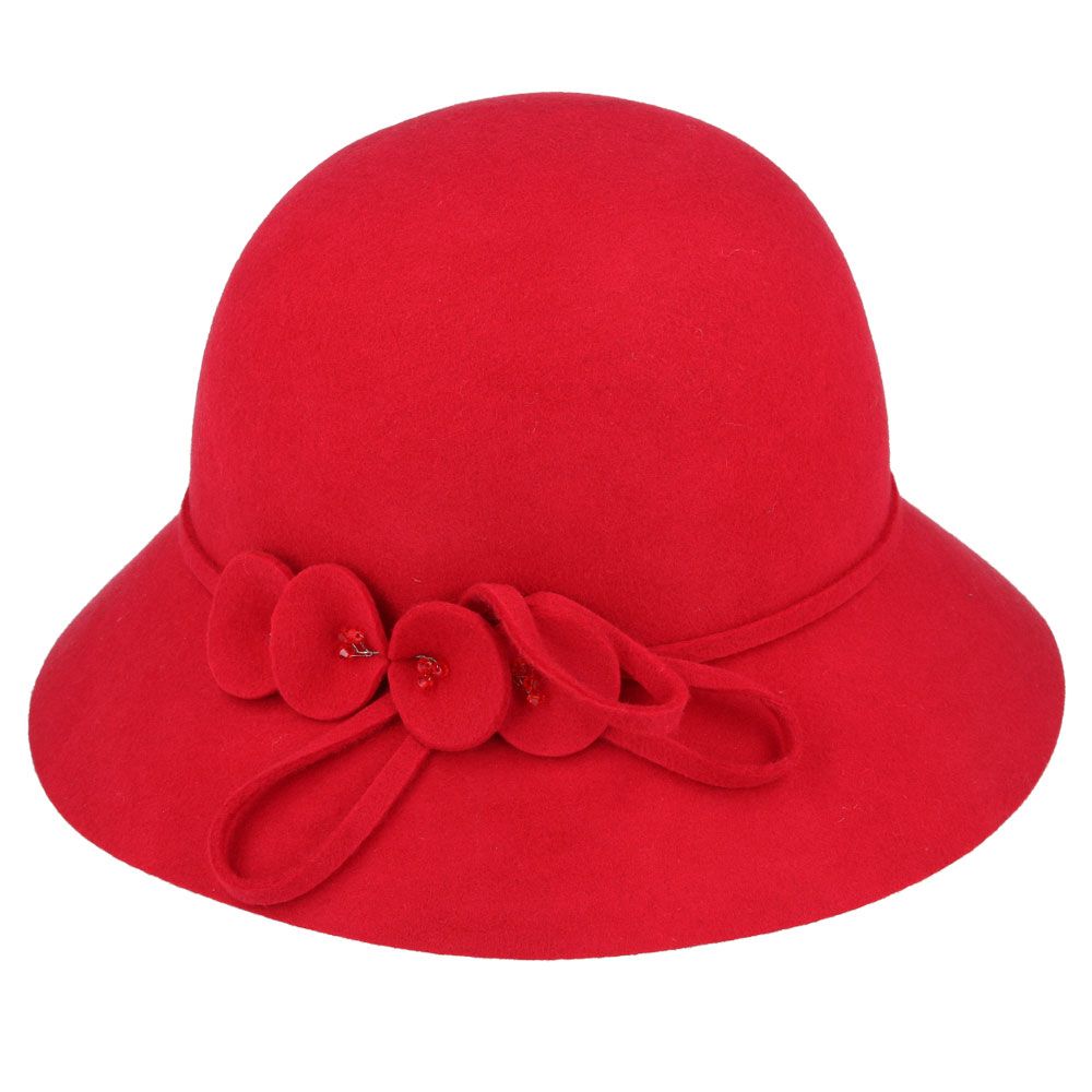Maz Ladies Chic Vintage Wool Cloche Hat With Flower & Strap Belt Around