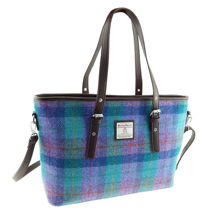 Glen Appin Harris Tweed Classic Spey Tote Handbag Turquoise Check