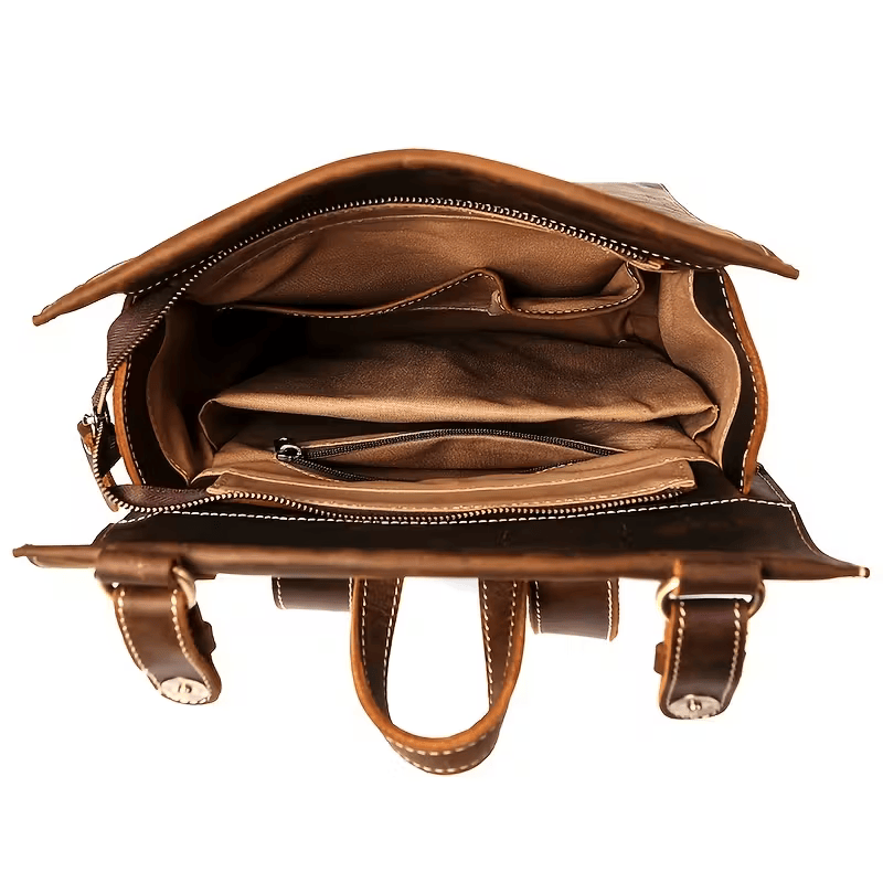Genuine Leather Cowhide Backpack - Durable 14-inch Travel & Hiking Bag with Zipper, Stylish Stitching, Deep Brown, Perfect for Outdoor and Daily Use | Classic Look