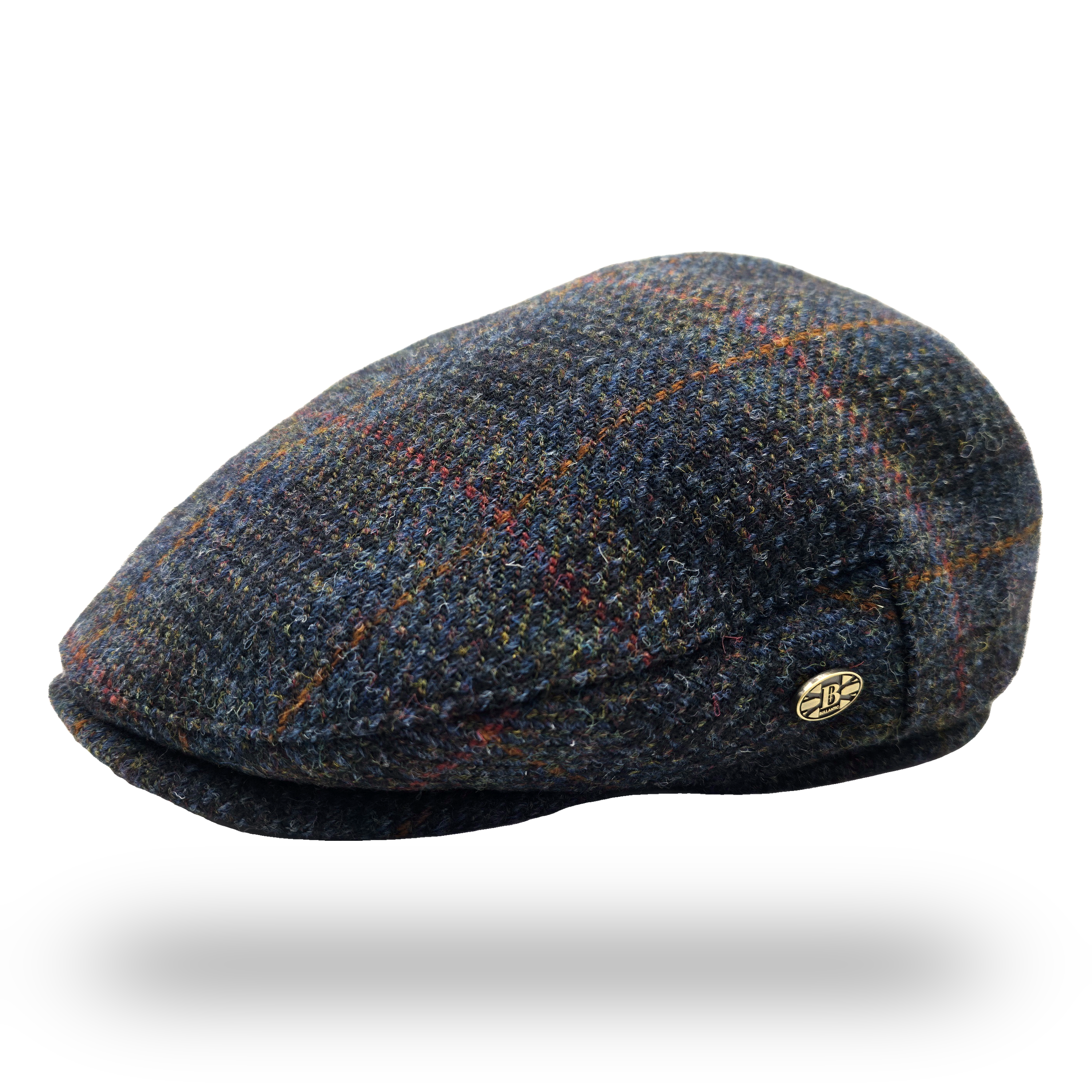Eriskay Blue Overcheck Harris Tweed Flat Cap, side view with Bullantic badge