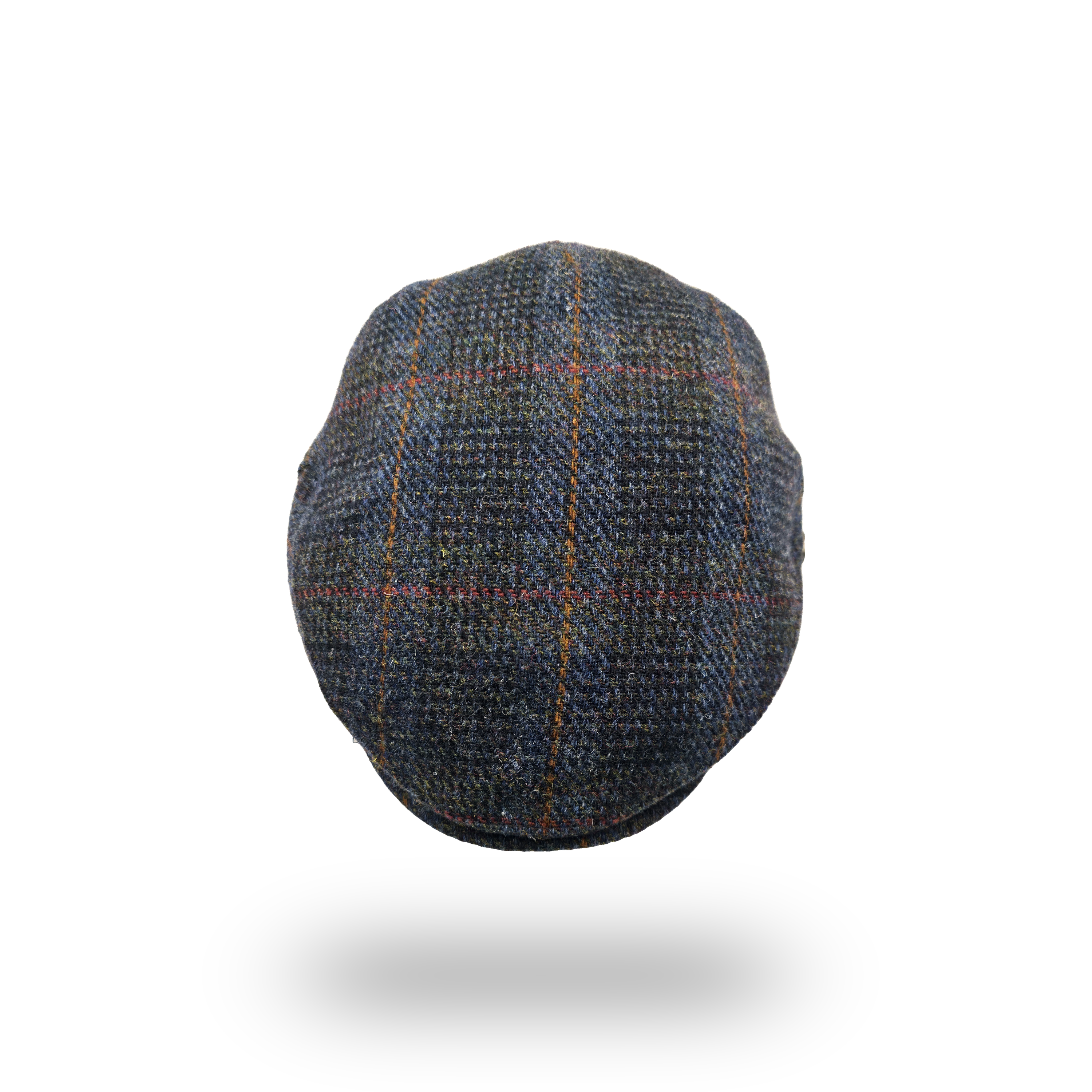 Eriskay Blue Overcheck Harris Tweed Flat Cap, top view