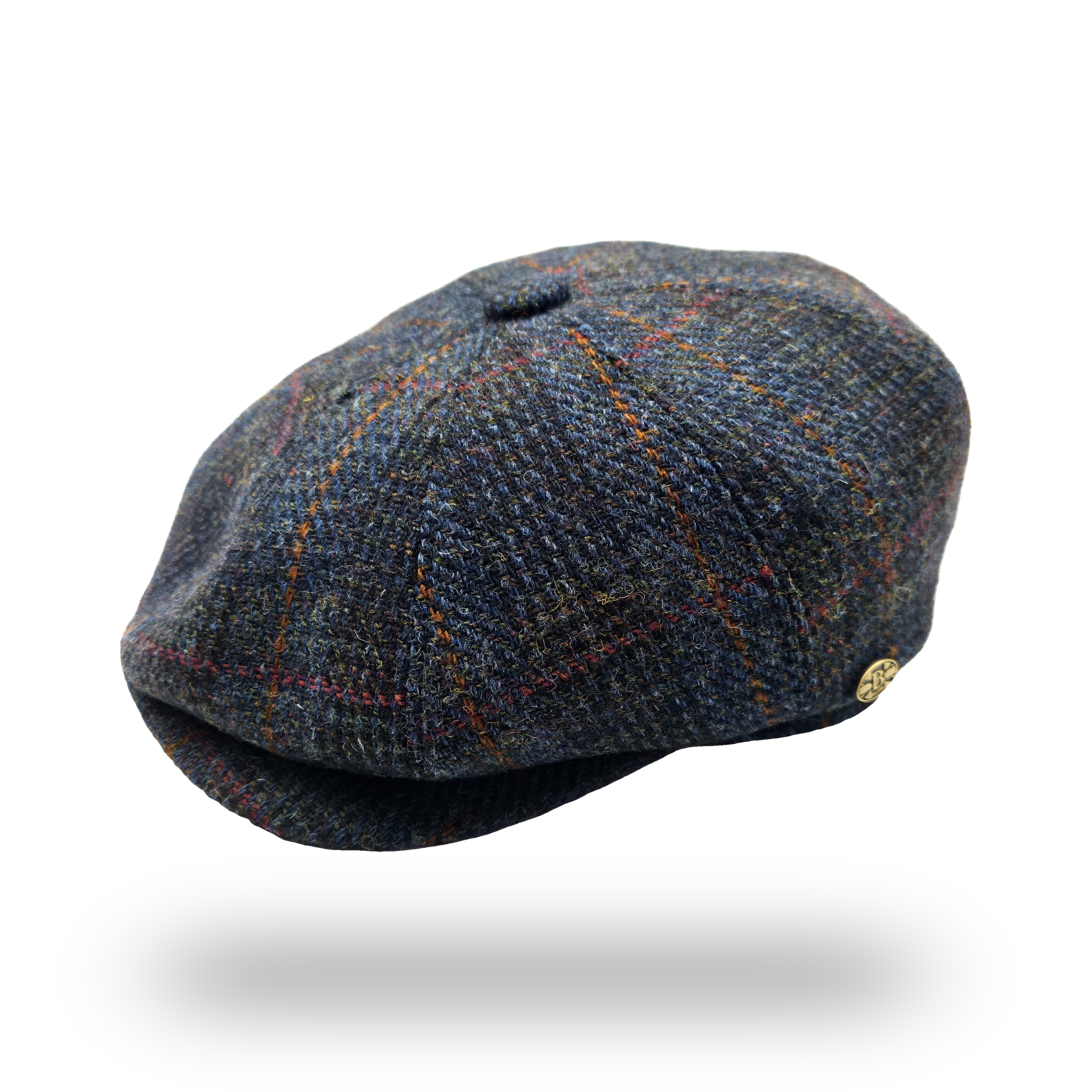 Eriskay Blue Overcheck Harris Tweed Newsboy Cap, side view