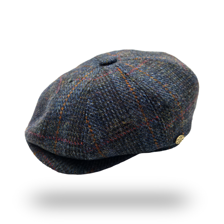Eriskay Blue Overcheck Harris Tweed Newsboy Cap, side view