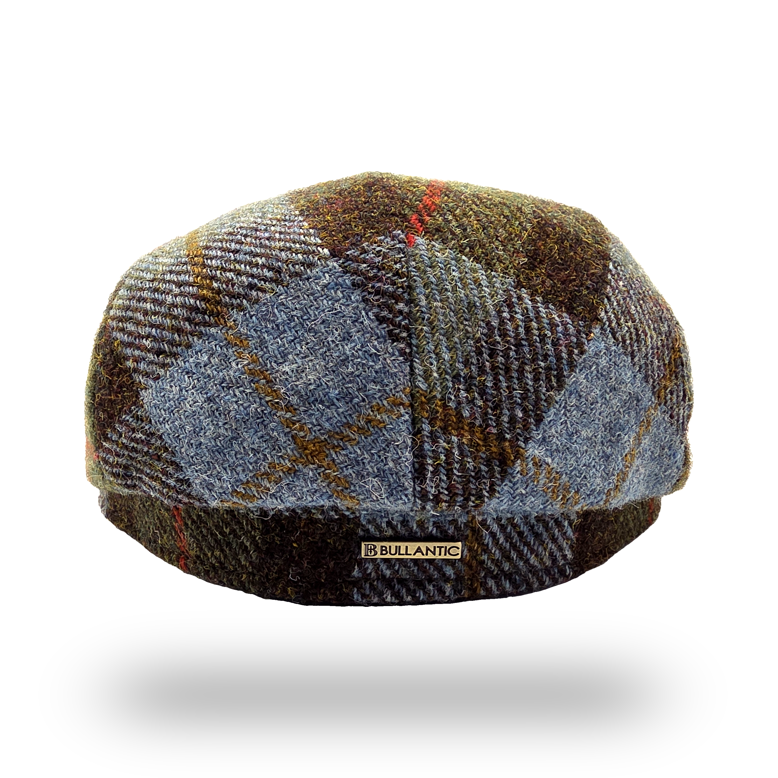 Uist Blue Tartan Harris Tweed Flat Cap, back view with Bullantic bar badge