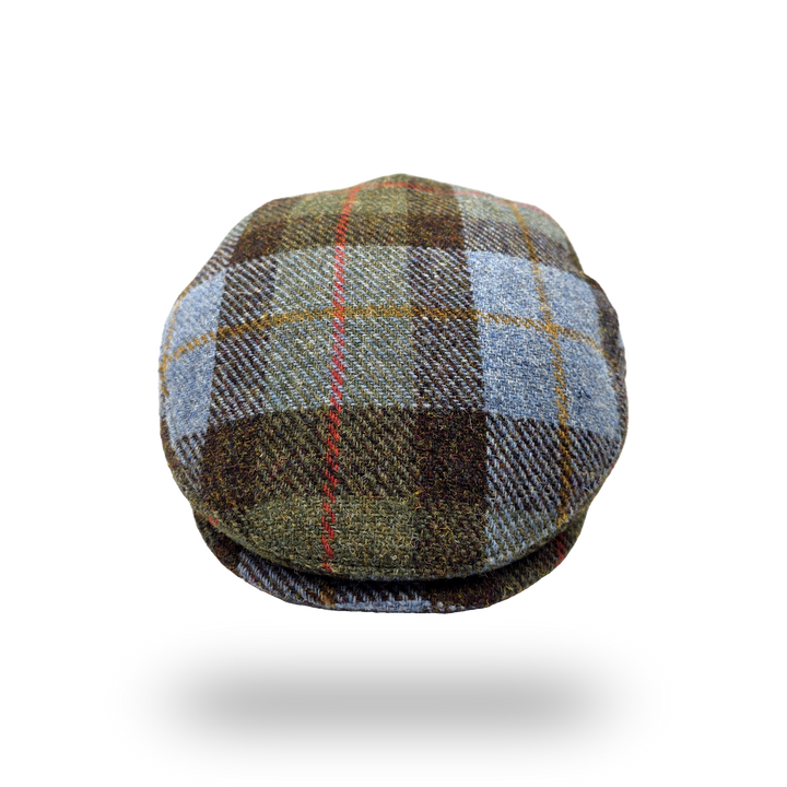 Uist Blue Tartan Harris Tweed Flat Cap, front view