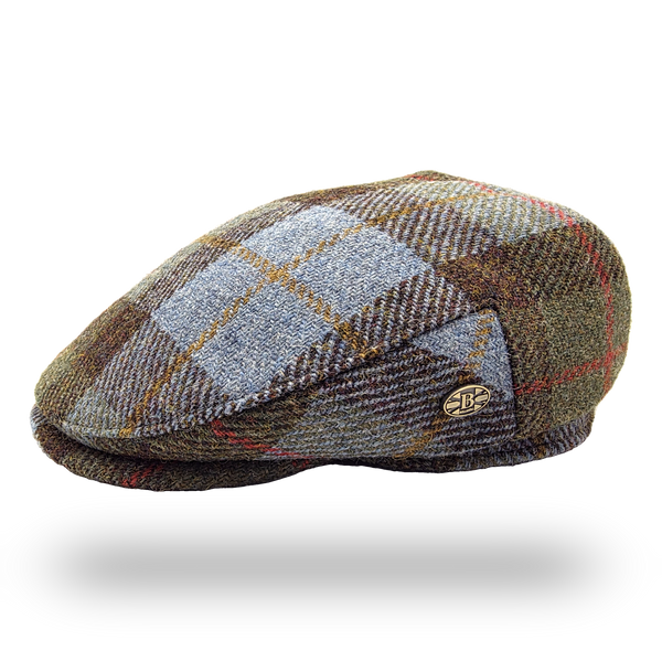 Uist Blue Tartan Harris Tweed Flat Cap, side view