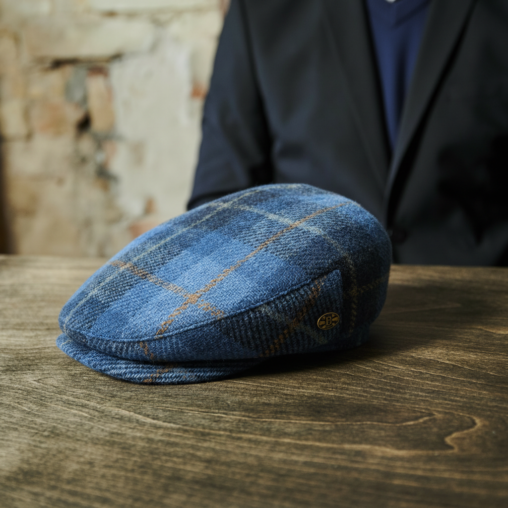 Gladwin bond Light Blue Tartan Harris tweed Flat Cap