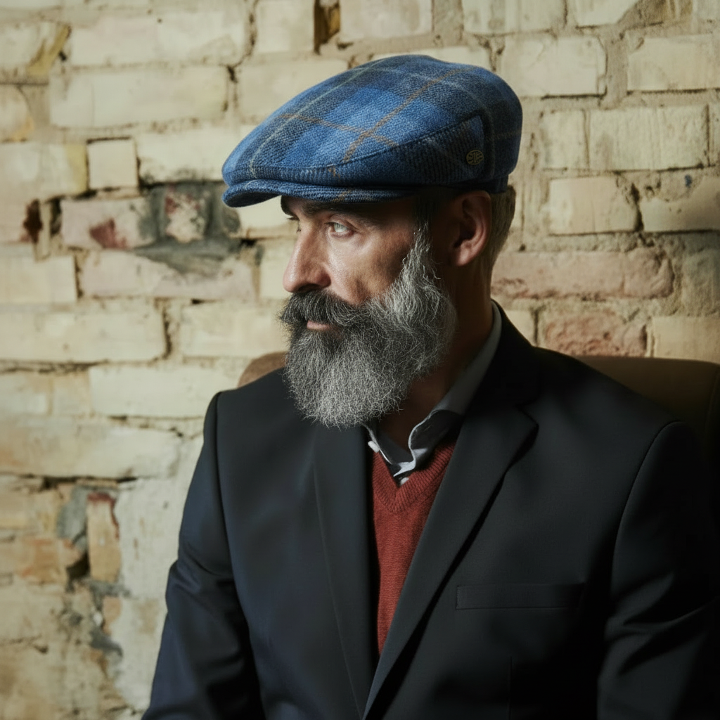 Gladwin bond Light Blue Tartan Harris tweed Flat Cap