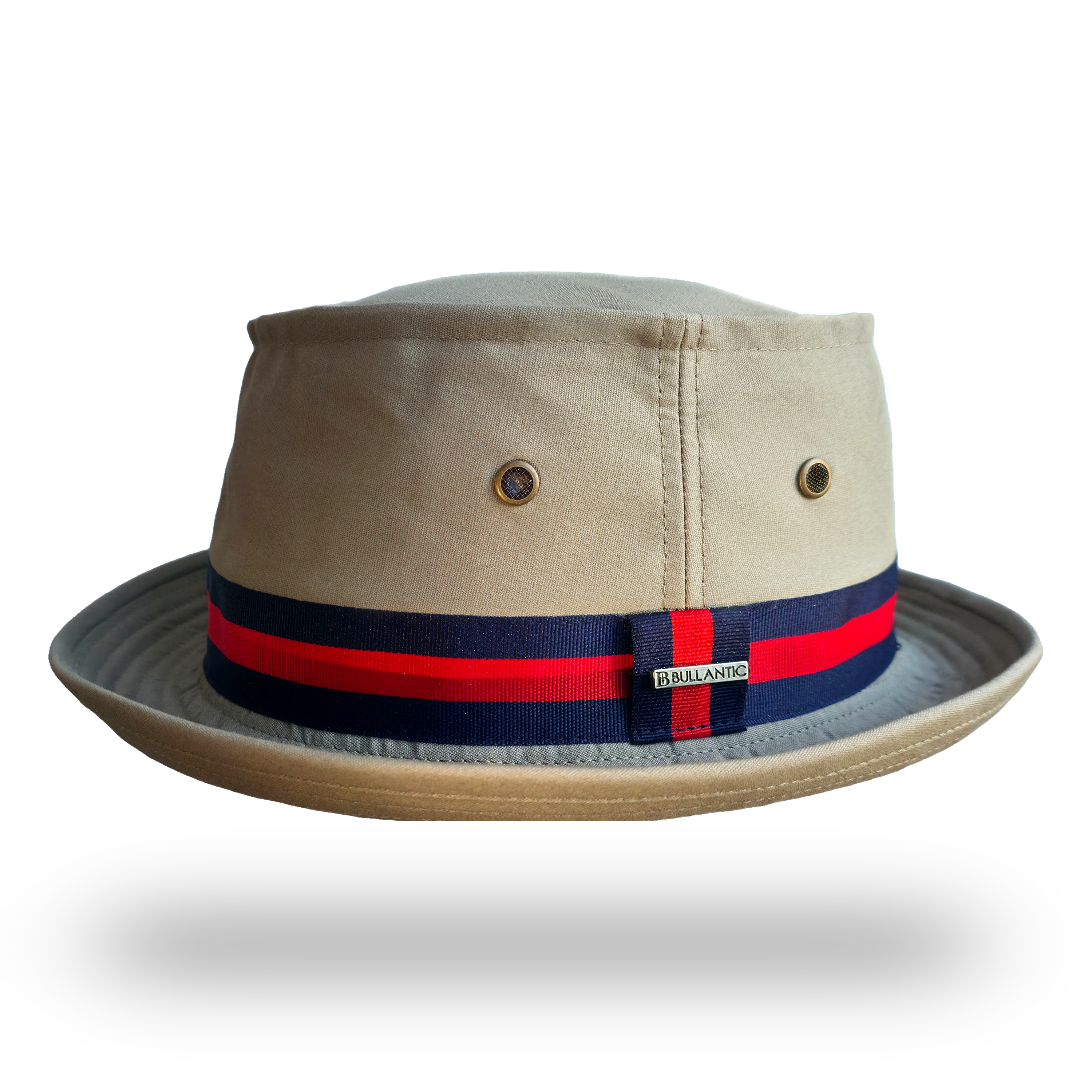 Khaki porkpie hat with navy and red striped band, front view