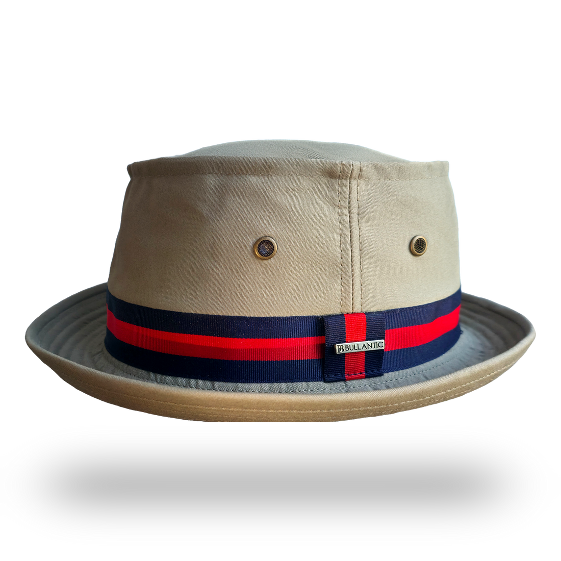 Khaki porkpie hat with navy and red striped band, front view