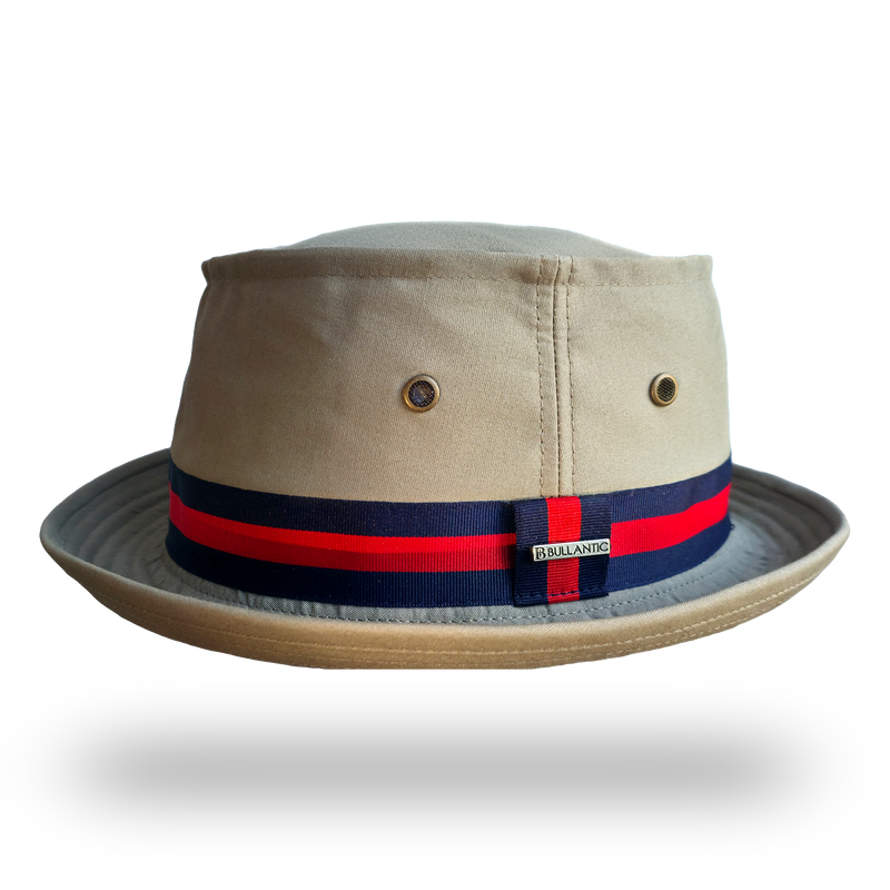 Bullantic Khaki Pork Pie Hat, Navy & Red Band