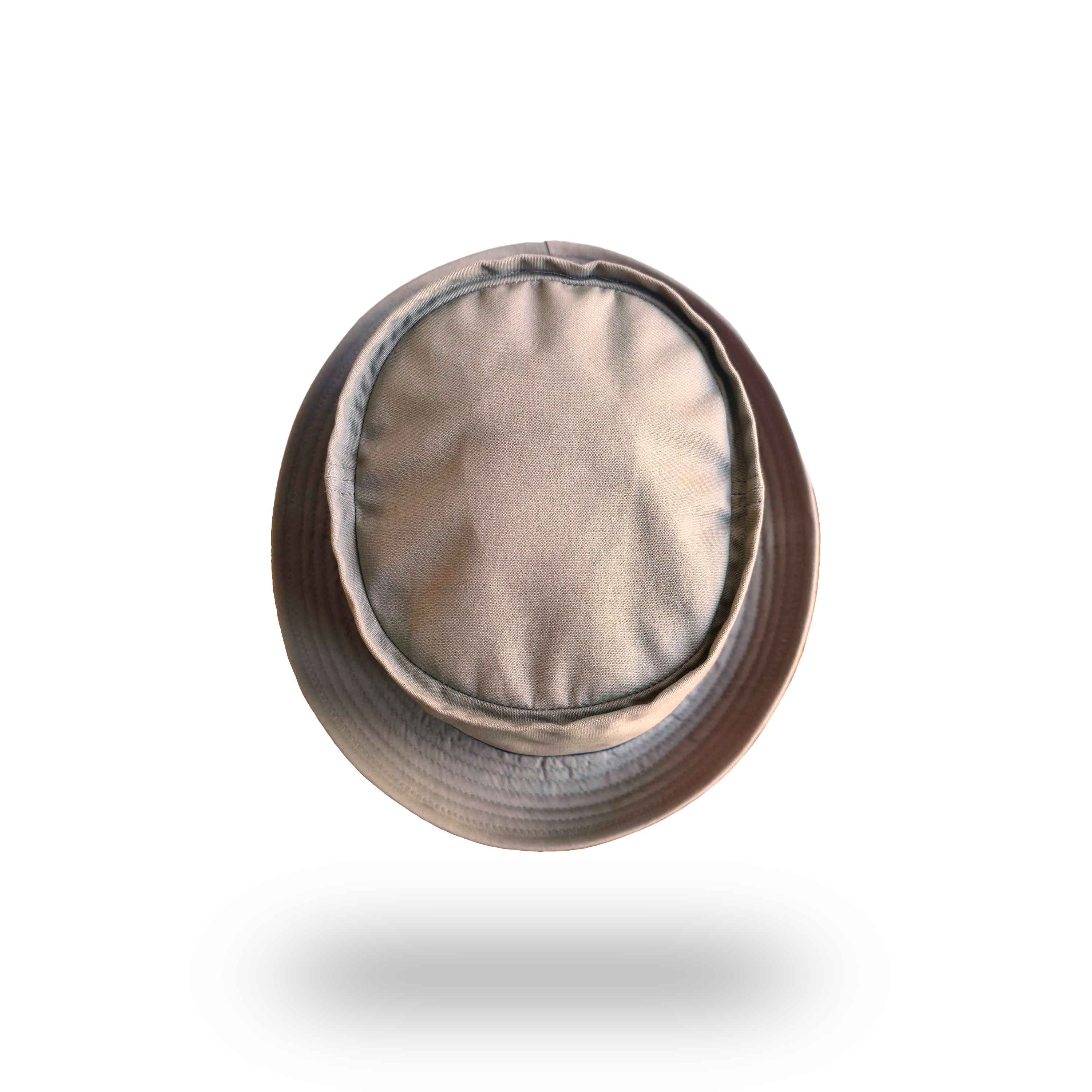 Khaki porkpie hat, top view showing the flat porkpie crown
