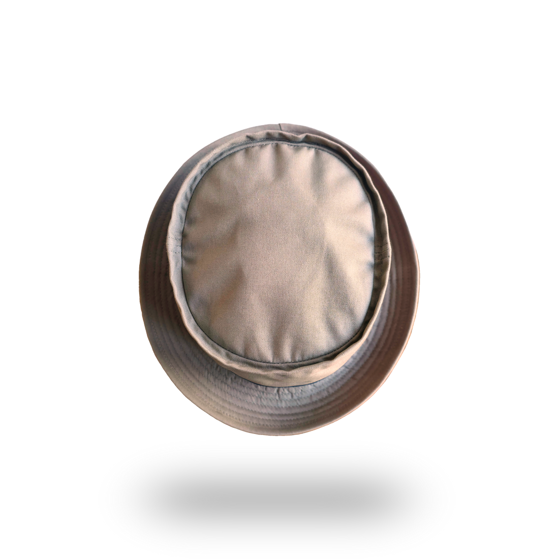 Khaki porkpie hat, top view showing the flat porkpie crown