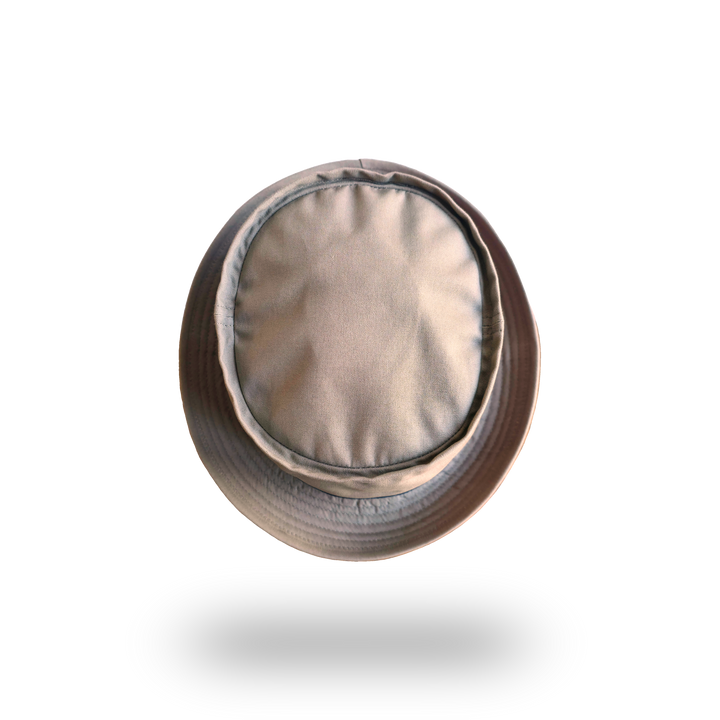 Khaki porkpie hat, top view showing the flat porkpie crown