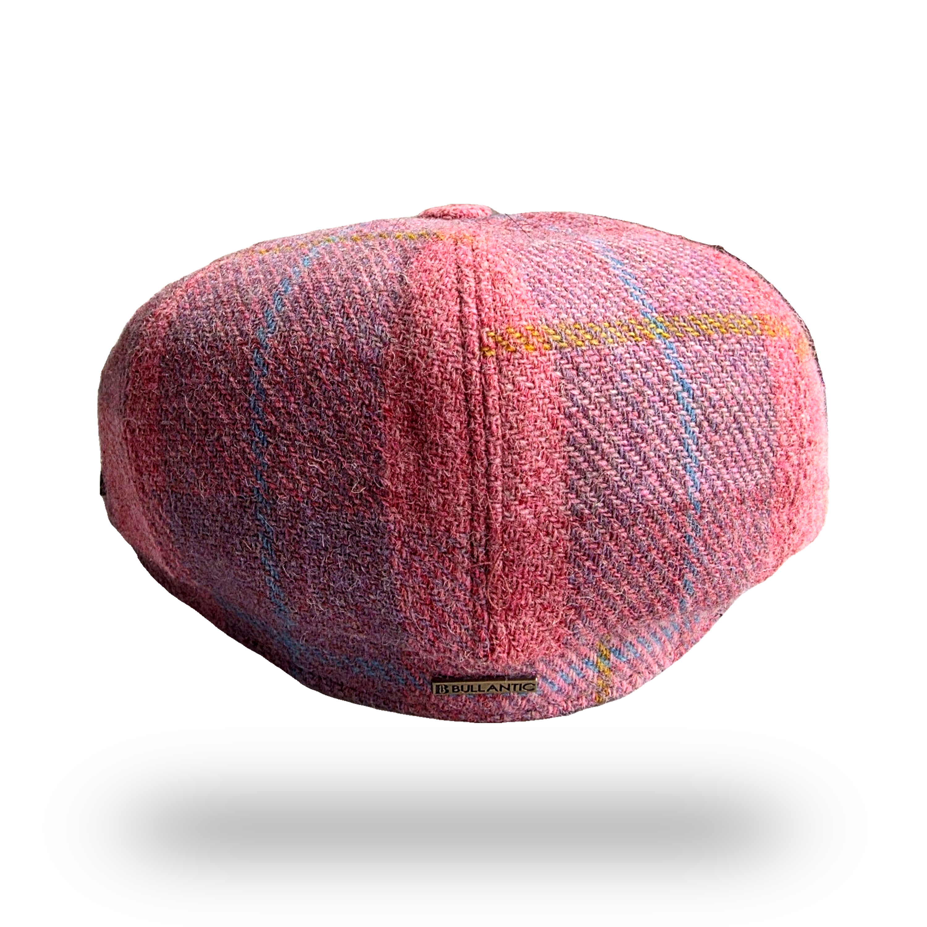 Machair Pink Tartan Harris Tweed Newsboy Cap, back view with Bullantic bar badge