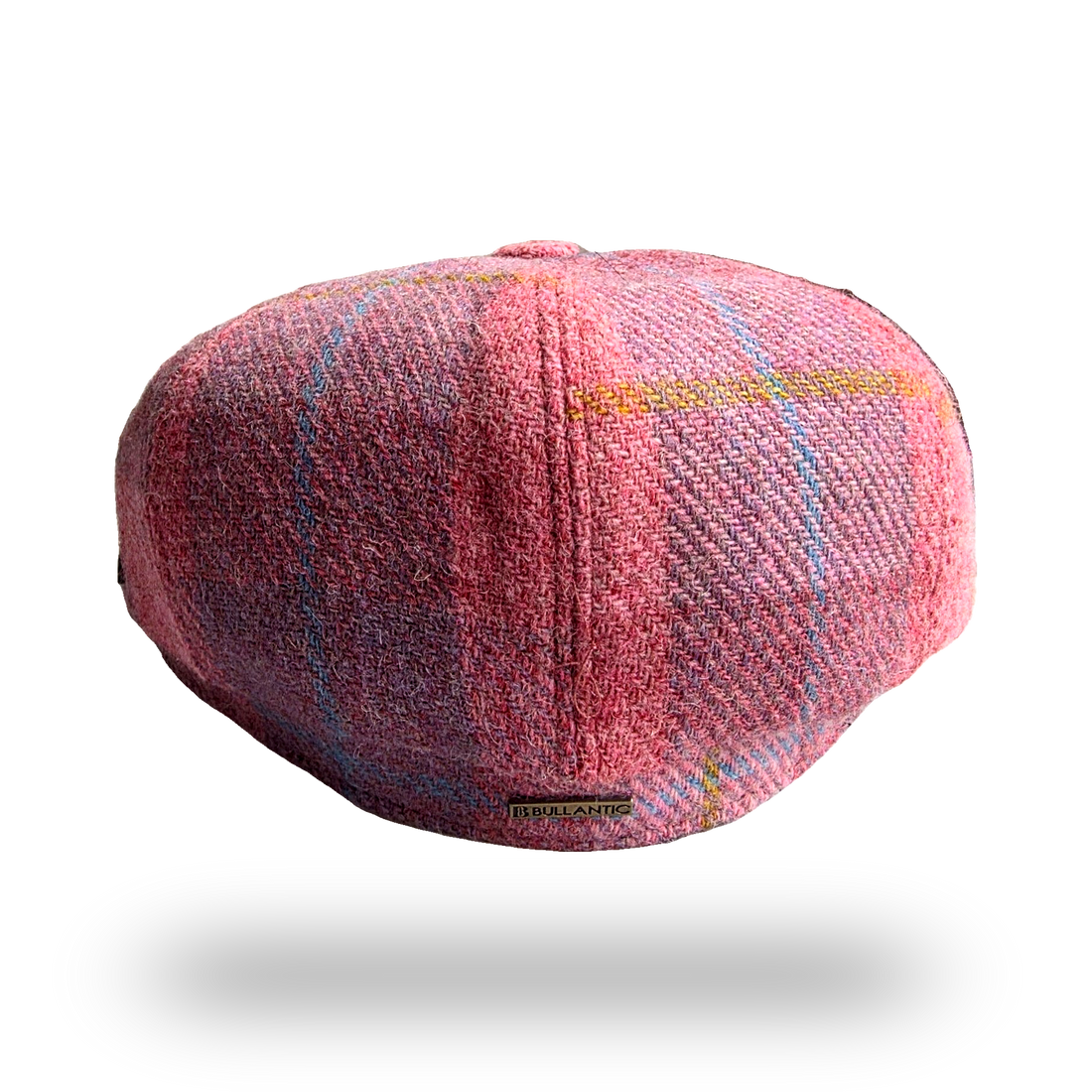 Machair Pink Tartan Harris Tweed Newsboy Cap, back view with Bullantic bar badge