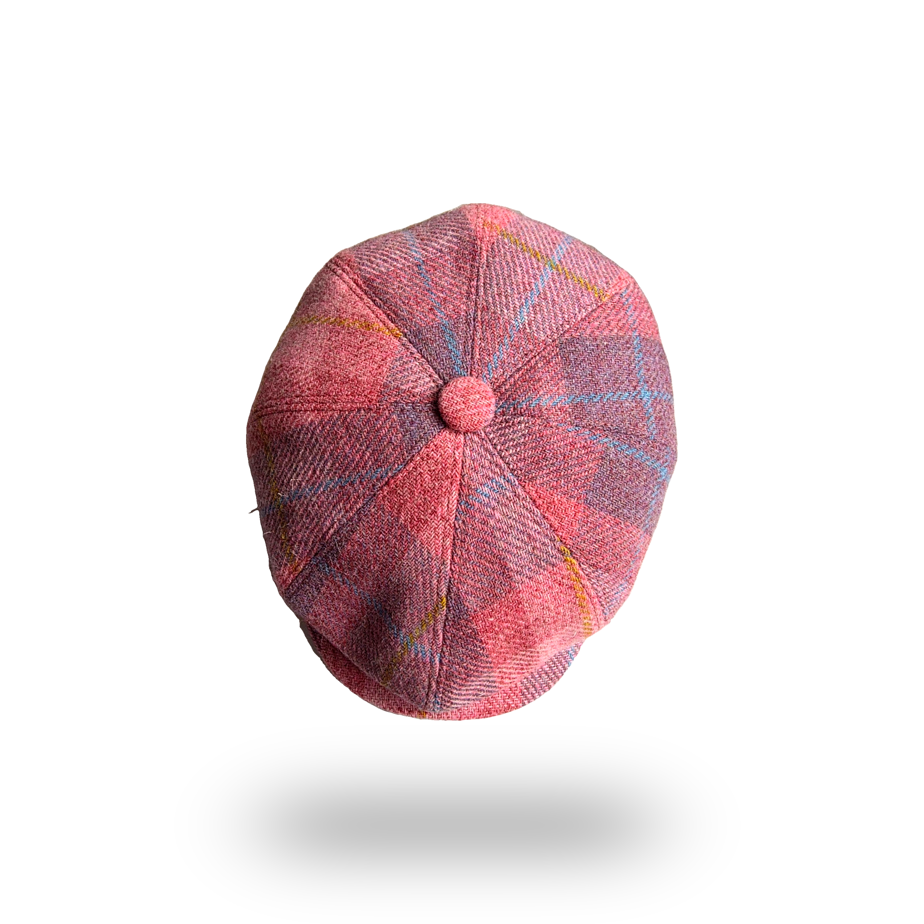 Machair Pink Tartan Harris Tweed Newsboy Cap, top view showing eight panels and button