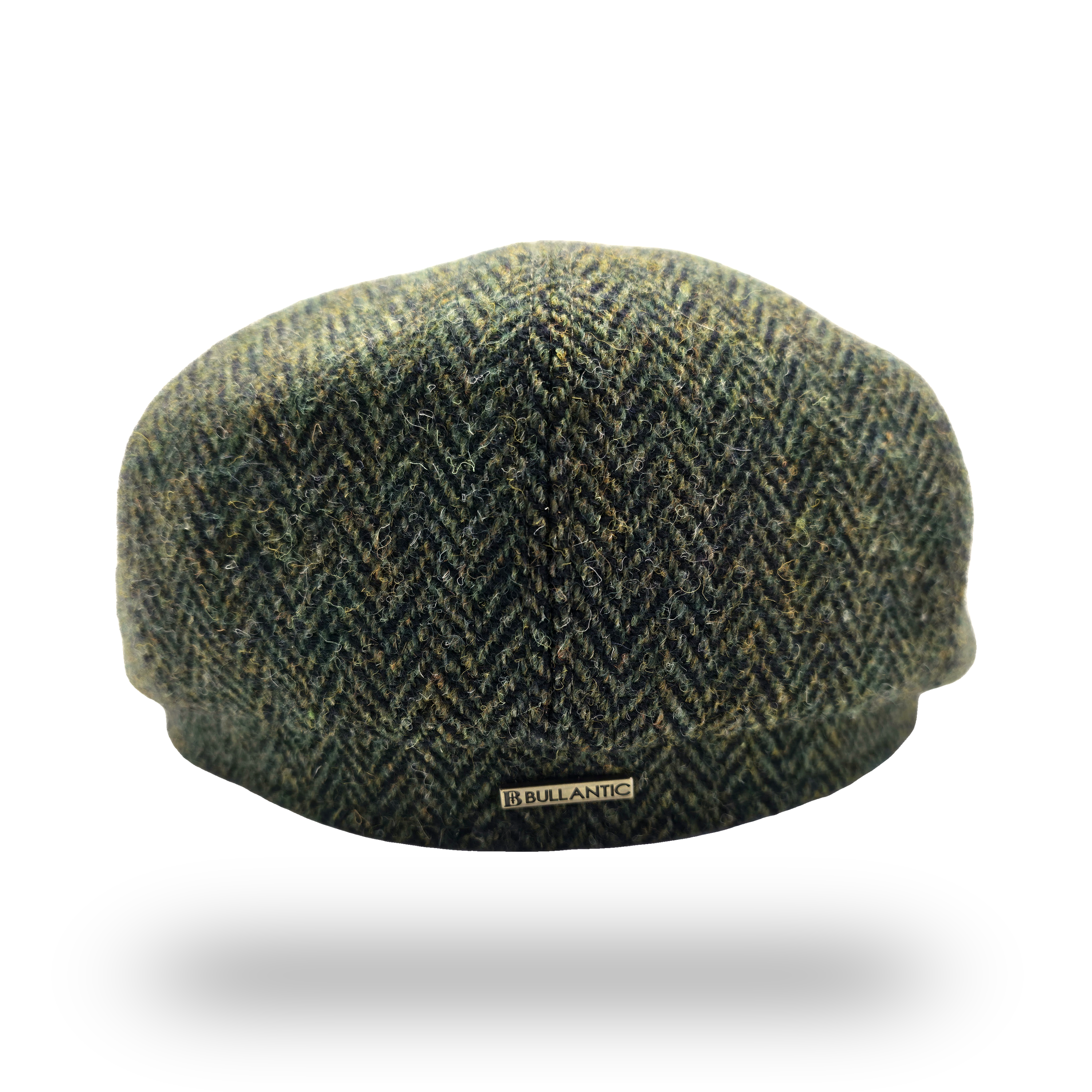 Harris Tweed Herringbone Newsboy Cap in olive, back view with Bullantic bar badge