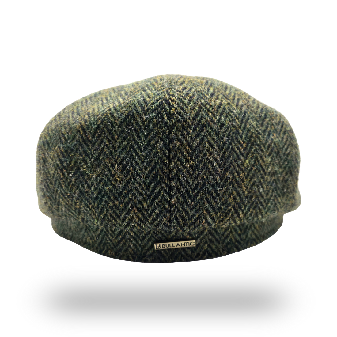 Harris Tweed Herringbone Newsboy Cap in olive, back view with Bullantic bar badge