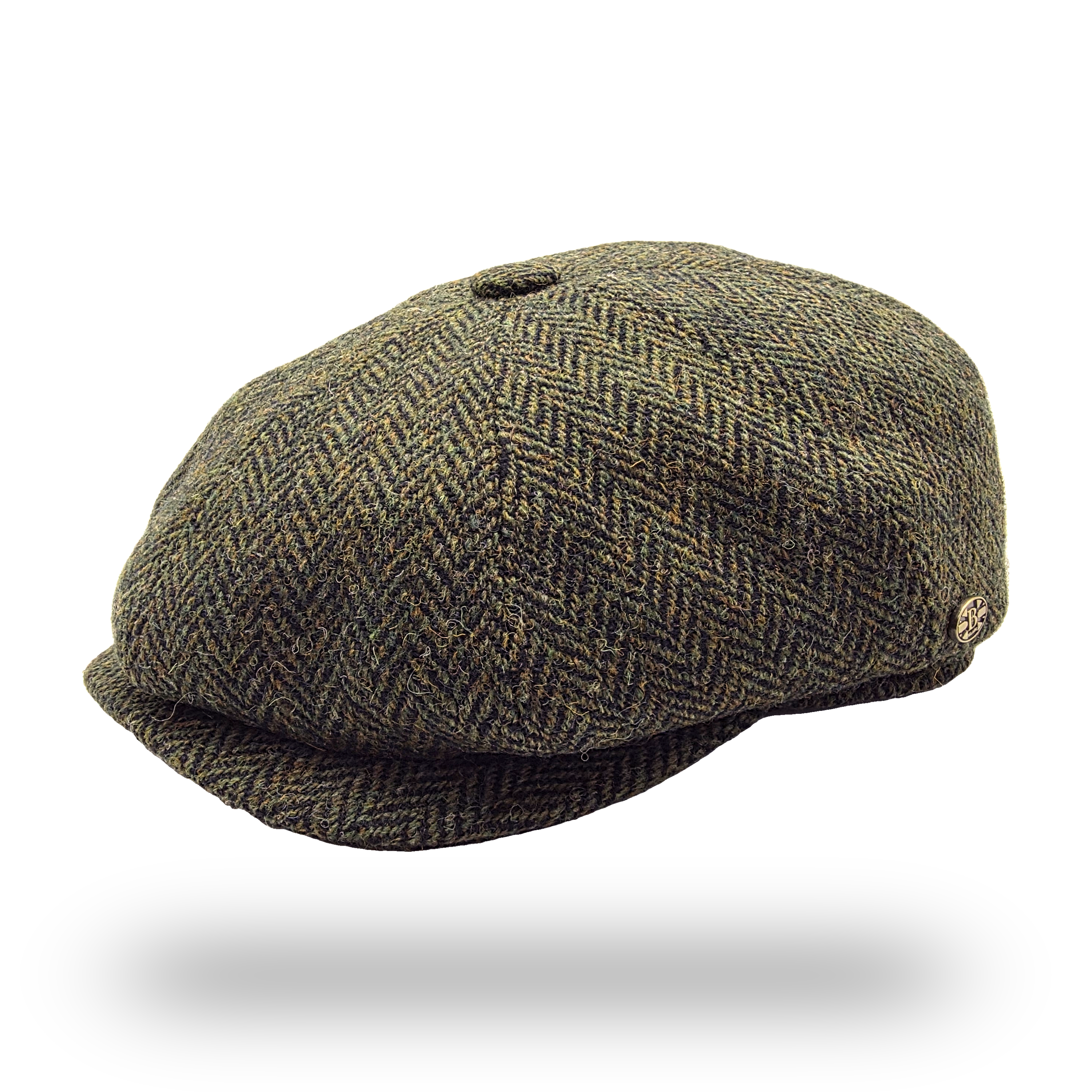 Harris Tweed Herringbone Newsboy Cap in olive, side view
