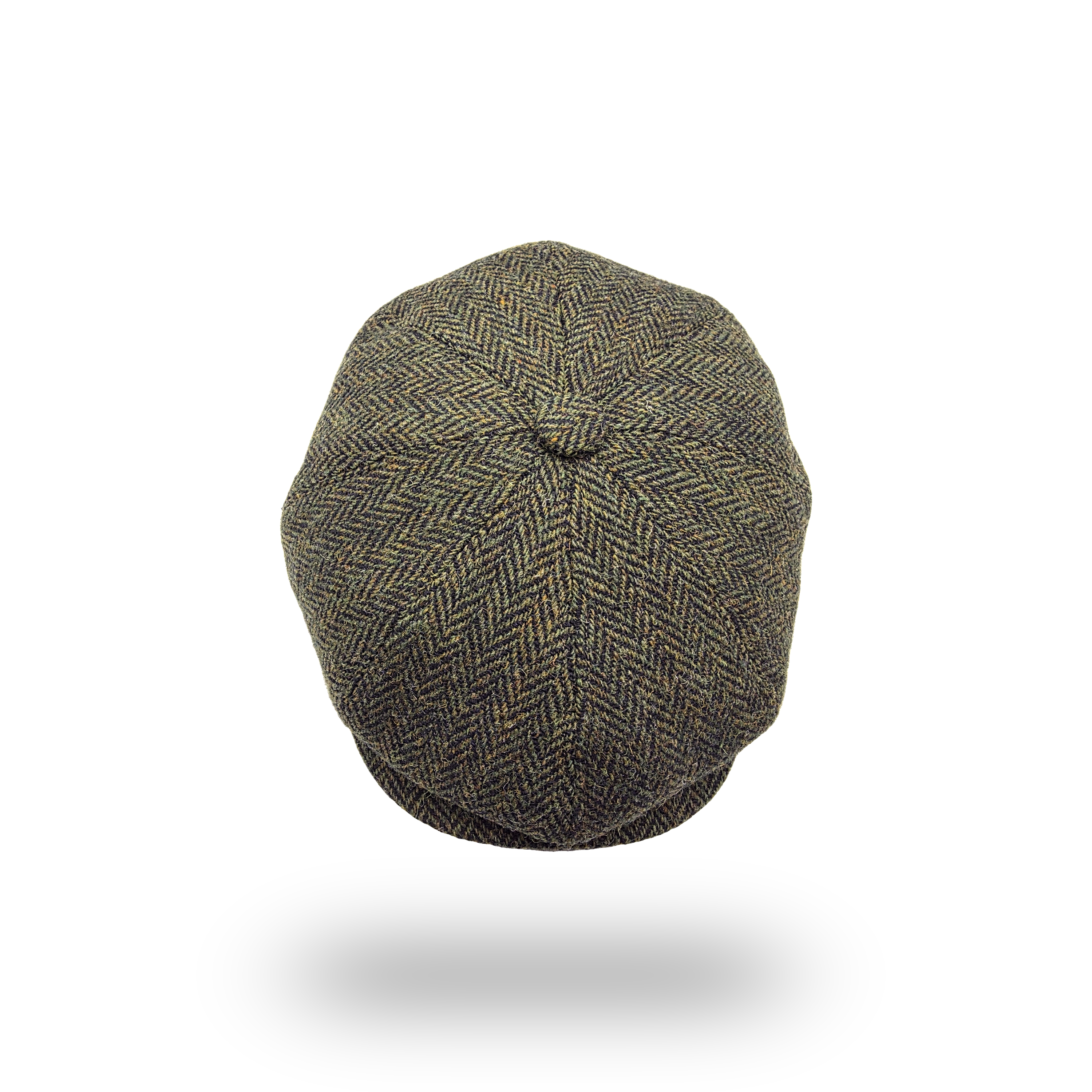 Harris Tweed Herringbone Newsboy Cap in olive, top view showing eight panels