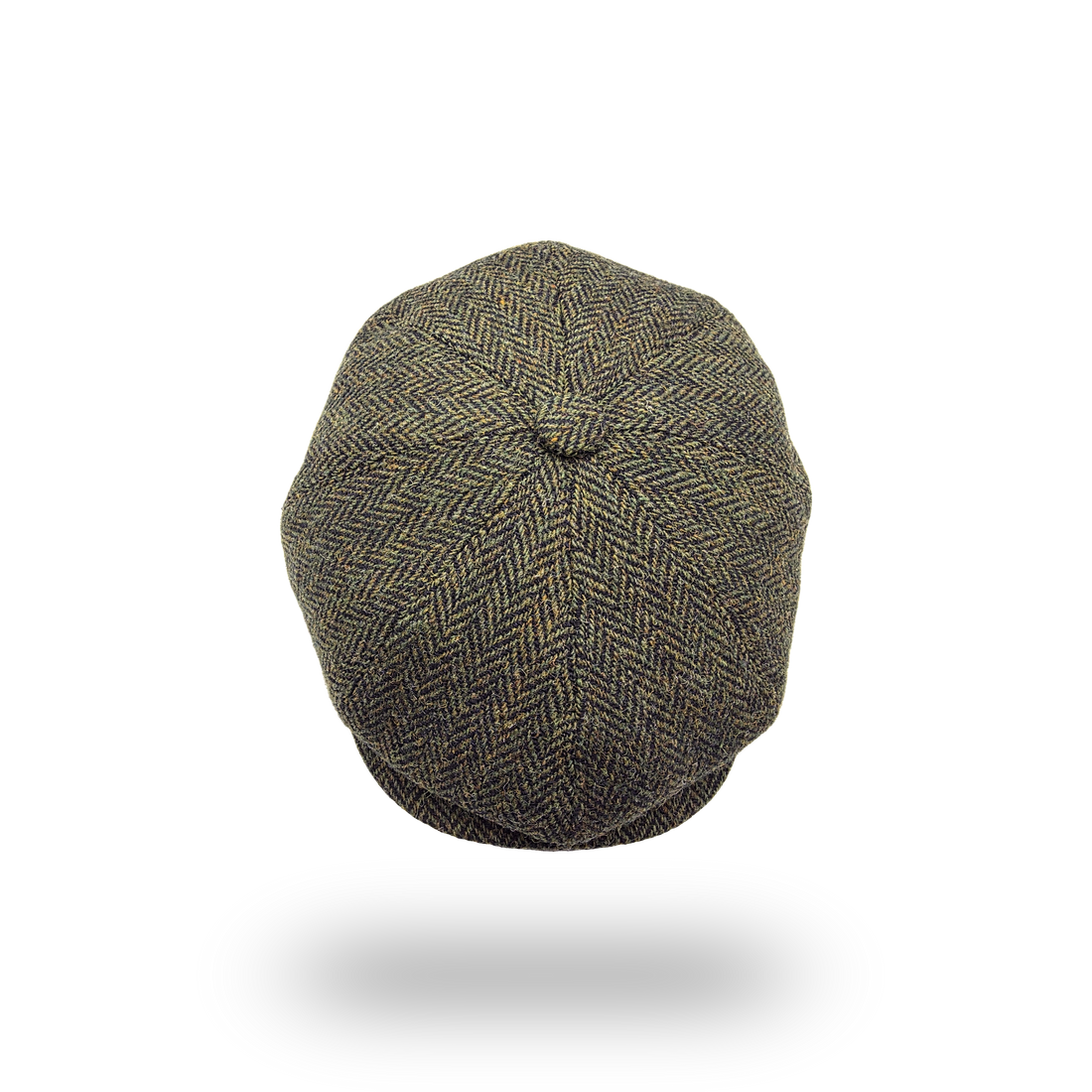 Harris Tweed Herringbone Newsboy Cap in olive, top view showing eight panels